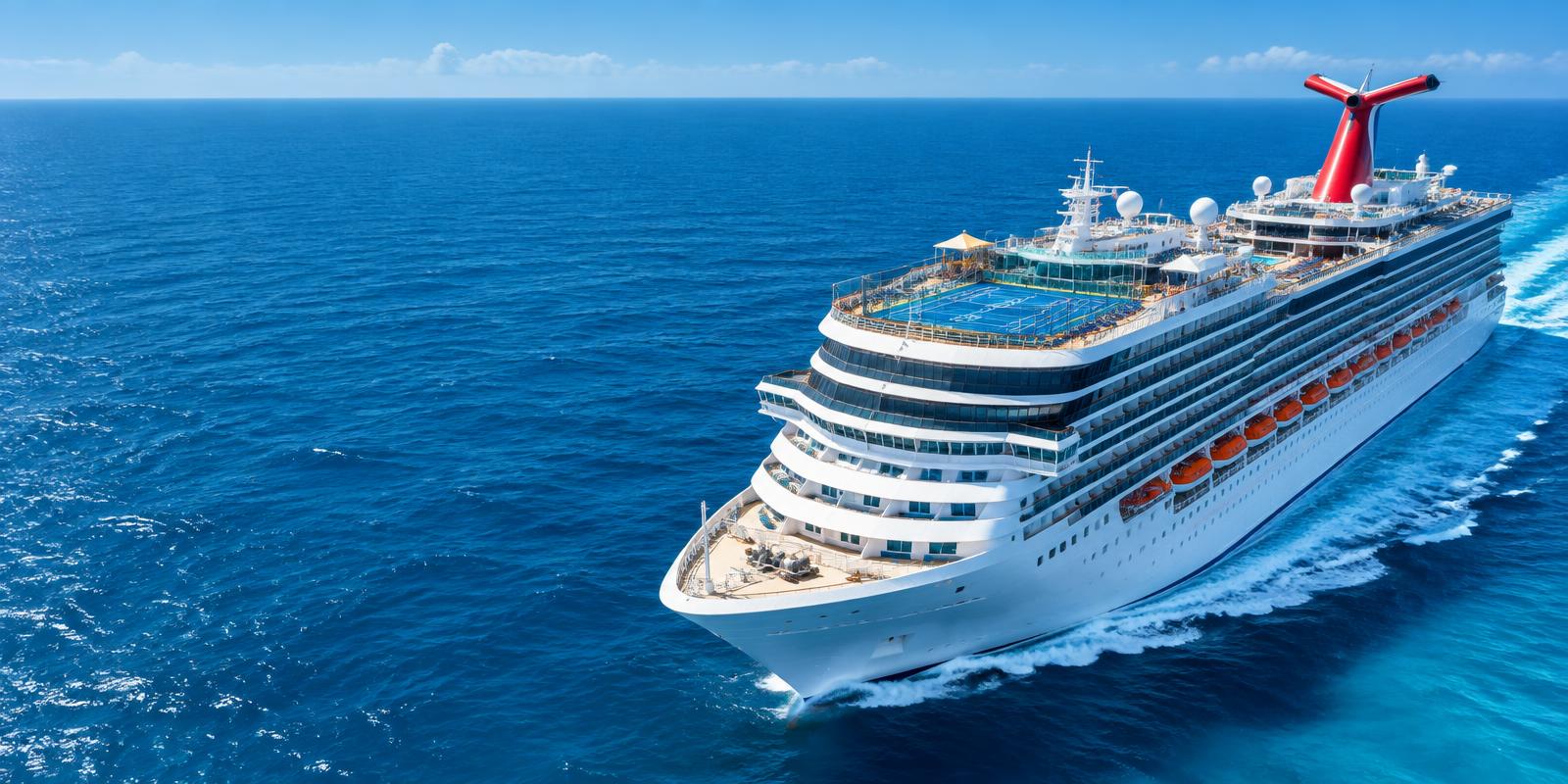 Illustrative cruise ship at sea with an upper-deck sports court